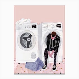 Man Sitting In Front Of Washing Machine 1 Canvas Print