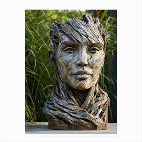 Portrait Sculpture Of A Weathered Human Face Entwined With Grass Wood Textures Enhance The Furrowed (1) Canvas Print