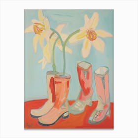 A Painting Of Cowboy Boots With Daffodils Flowers, Fauvist Style, Still Life 6 Canvas Print