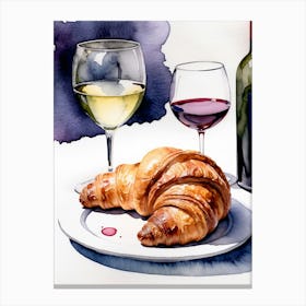 Croissant and Wine watercolor painting 18 Canvas Print