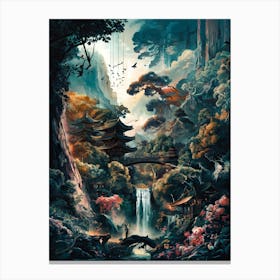 Japanese Temple in Mountain Waterfall Forest Art Painting #2 Canvas Print