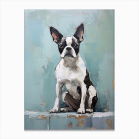 Boston Terrier Dog, Painting In Light Teal And Brown 3 Canvas Print