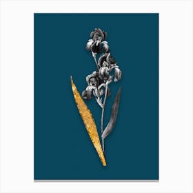 Vintage Dalmatian Iris Black and White Gold Leaf Floral Art on Teal Blue n.0536 Canvas Print