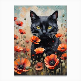 Black Cat Amongst Red Poppies - Oil and Palette Knife Painting of A Beautiful Black Cat Sitting Among the Summer Poppy Flowers - Kitty, Cat Lady, Pagan, Feature Wall, Witch, Fairytale Tarot Bastet Colorful Painting in HD Canvas Print