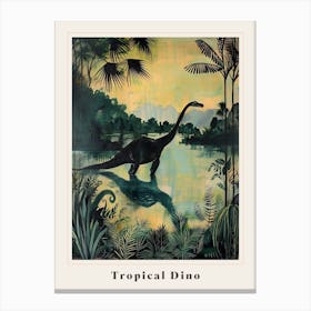 Dinosaur With Tropical Leaves Silhouette Painting Poster Canvas Print