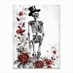 Floral Skeleton With Hat Ink Painting (76) Canvas Print