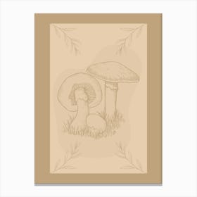 Mushroom Sketch in Grass on Beige Neutral Background in the Nature Garden Canvas Print