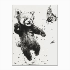Red Panda Cub Chasing After A Butterfly Ink Illustration 1 Canvas Print