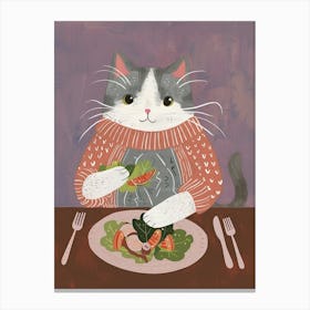Cute Grey Cat Eating Salad Folk Illustration 3 Canvas Print