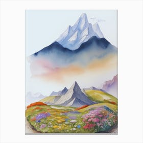 Watercolor Of Mountains And Beautiful Flowers Canvas Print