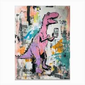 Dinosaur On A Smart Phone Pink Lilac Graffiti Style 3 Canvas Print