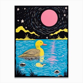 Linocut Style Duckling In The Lake Under The Moonlight 2 Canvas Print