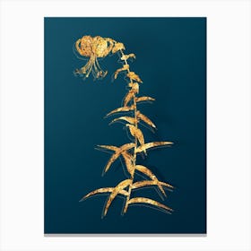 Vintage Tiger Lily Botanical in Gold on Teal Blue n.0161 Canvas Print