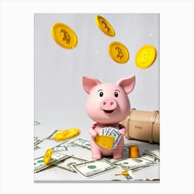 Baby Pig As A Corporate Mascot Clutching A Billfold Playing Cards Scattered Nearby Depicting Variou (5) Canvas Print