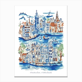 Amsterdam Netherlands Illustration Line Art Travel Blue Canvas Print