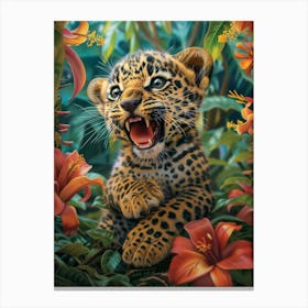 A Happy Front faced Leopard Cub In Tropical Flowers 2 Canvas Print
