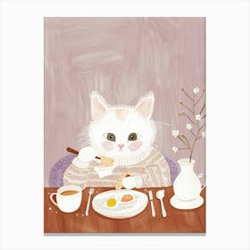 White And Tan Cat Having Breakfast Folk Illustration 3 Canvas Print