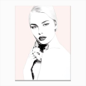 Black And White Portrait Of A Woman With Cat Canvas Print
