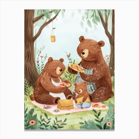 Brown Bear Family Picnicking In The Woods Storybook Illustration 2 Canvas Print
