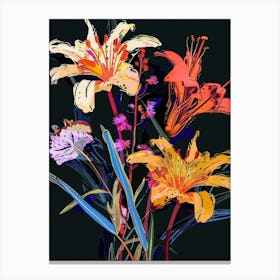 Neon Flowers On Black Bouquet 4 Canvas Print