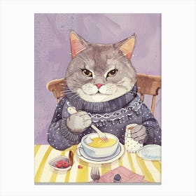 Grey Cat Having Breakfast Folk Illustration 6 Canvas Print