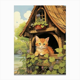 Cute Cats With A Medieval Cottage In The Background 7 Canvas Print