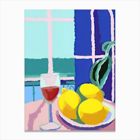 Painting Of A Lemons And Wine, Frenchch Riviera View, Checkered Cloth, Matisse Style 1 Canvas Print