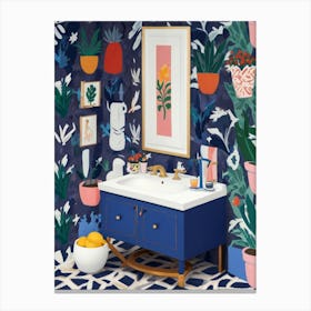 Blue Bathroom With Plants Canvas Print