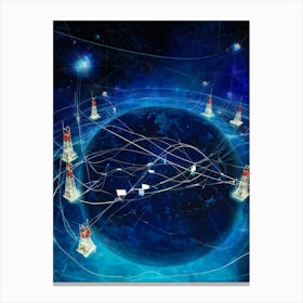 Abstract Digital Painting Featuring An Interconnected Web Of Telecom Cables And Satellites Symbolizi (2) Canvas Print