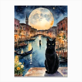 Black Cat in Venice - Iconic Blue Canals and Gondolas on a Full Moon Dreamy Cityscape  Traditional Watercolor Art Print Kitty Travels Home and Room Wall Art Cool Decor Klimt and Matisse Inspired Modern Awesome Cool Unique Pagan Witchy Witches Familiar Gift For Cat Lady Animal Lovers World Travelling Genuine Works by British Watercolour Artist Lyra O'Brien   Canvas Print
