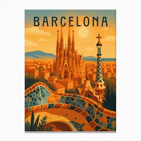 Barcelona Travel Poster – Gaudí and Colorful Mosaic Cityscape: A vibrant poster of Barcelona filled with Gaudí flair, from Sagrada Familia to Park Güell. Bursting with mosaics, culture, and summer vibes – ideal for urban explorers and art nouveau fans who love Spanish architecture and colorful design. Canvas Print