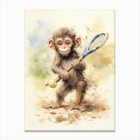 Monkey Painting Playing Tennis Watercolour 2 Canvas Print
