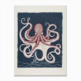 Red & Navy Blue Octopus In The Ocean Linocut Inspired 3 Canvas Print