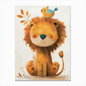 Small Joyful Lion With A Bird On Its Head 23 Canvas Print