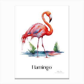 Flamingo. Long, thin legs. Pink or bright red color. Black feathers on the tips of its wings.12 Canvas Print