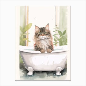 Norwegian Forest Cat In Bathtub Botanical Bathroom 1 Canvas Print