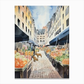 Food Market With Cats In Vienna 4 Watercolour Canvas Print