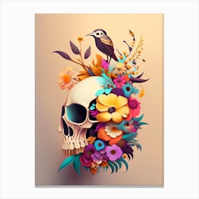 Skull With Bird Motifs Colourful Vintage Floral Canvas Print