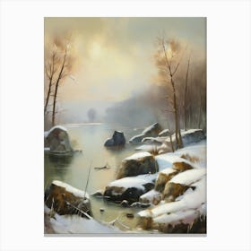 Ancient landscapes, old winter oil paintings and rocks around the lake bank. Snow is falling on the lake, old colors.15 1 Canvas Print