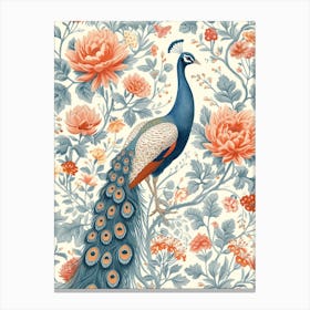 Cream Vintage Floral Peacock Wallpaper 6 Canvas Print
