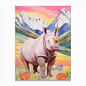 Patchwork Floral Rhino With Mountain In The Background 8 Canvas Print