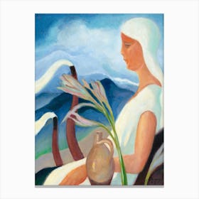 Girl In White With Factory Chimneys And Flowers (1932) Vintage Illustration By Zolo Palugyay Canvas Print