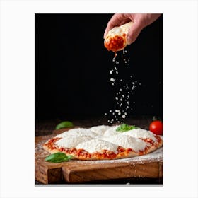 A Hand Stretching A Glistening Ball Of Pizza Dough Mid Action Flour Dusting In The Air From A Woode (7) Canvas Print