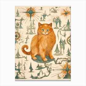 Ginger Cat On Medieval Map With Compasses Canvas Print