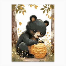 American Black Bear Cub Playing With A Beehive Storybook Illustration 4 Canvas Print