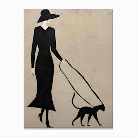 Art Deco Vintage beige and black 1930s Woman walking black cat Canvas Print