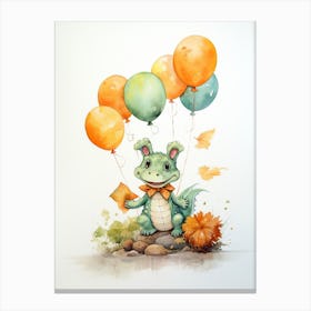 Alligator Flying With Autumn Fall Pumpkins And Balloons Watercolour Nursery 2 Canvas Print
