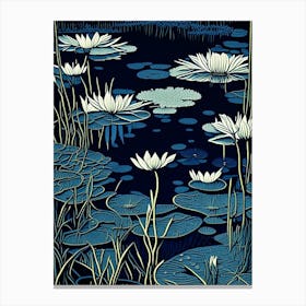 Pond With Lily Pads Water Waterscape Linocut 2 Canvas Print