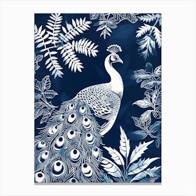 Navy Blue & White Peacock Linocut Inspired Portrait 5 Canvas Print