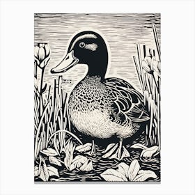 B&W Bird Linocut Mallard Duck Canvas Print